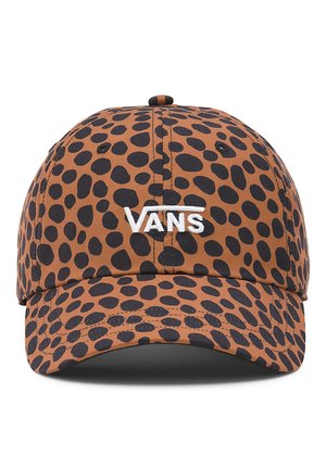 Bruine honkbalpet met onregelmatige zwarte vlekken en wit Vans-logo geborduurd in het midden van de voorkant.