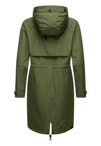 Roheline veekindel park, millel on kinni tõmmatud vöökoht, suur kapuuts, nööbid ja nööriga äär. Sile tekstuur, lõdva istuvusega ja keskpika disainiga.