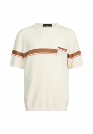 Cremefarbener, kurzärmeliger Strickpullover mit braunen und orangefarbenen horizontalen Streifen und einer kleinen Brusttasche mit passenden Streifen.