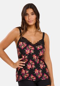 Black floral cami top with pink and green flowers. Features lace trim along the neckline and adjustable straps. Soft, stretchy fabric.