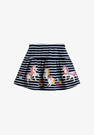 Modrá a bílá pruhovaná sukně s elastickým pasem, zdobená vyšívanými jednorožci a barevnými květinami, vyrobená z měkké bavlny.