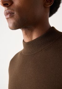 Bruine gebreide trui met een hoge, geribbelde kraag, voorzien van een gladde textuur en een aansluitend ontwerp, gezien vanaf de zijkant.