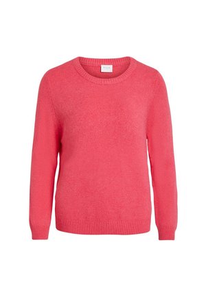 Maglione rosa corallo realizzato in un morbido tessuto a maglia, con scollo rotondo, maniche lunghe e polsini e orlo a costine.