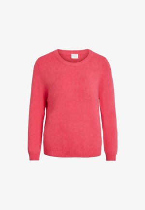 Coral pink sweater made from a soft knit fabric, featuring a round neckline, long sleeves, and ribbed cuffs and hem.