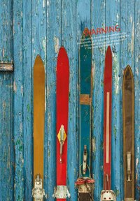 Cinq paires de skis vintage de couleurs variées — or, rouge, bleu et marron — accrochées contre un mur en bois bleu vieilli.