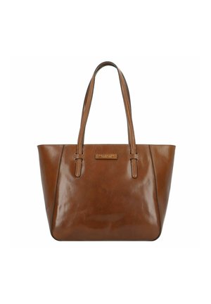 Borsa a tracolla in pelle marrone con due manici, finitura liscia e una sottile placca del brand sulla parte anteriore. Forma rettangolare classica.