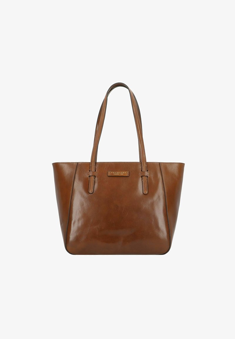 Borsa a tracolla in pelle marrone con due manici, finitura liscia e una sottile placca del brand sulla parte anteriore. Forma rettangolare classica.