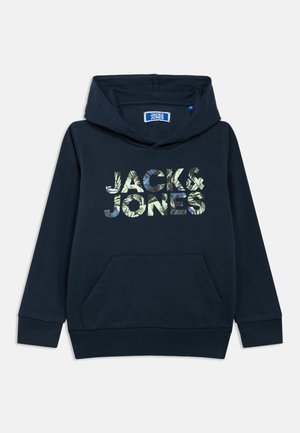 Tengerészkék pulóver elülső kenguruzsebbel, zöld és kék színű, növénymintás "JACK & JONES" felirattal. Puha, pamut keverék anyagból.