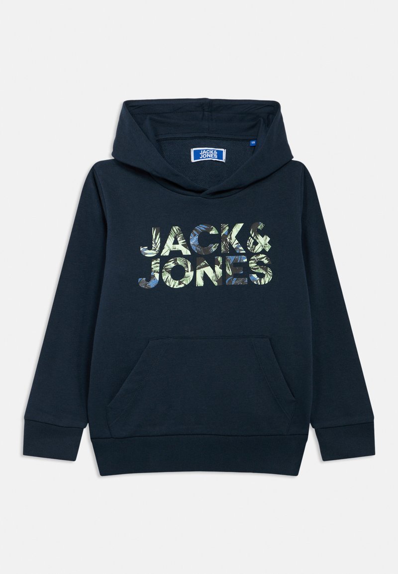 Felpa con cappuccio blu navy con tasca a marsupio frontale, con stampa grafica testuale fogliata "JACK & JONES" in verde e blu. Morbido materiale in misto cotone.