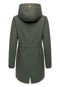 Olive green parka jacket with a hood, featuring a straight cut, side slits, and buttoned cuffs. Includes a logo patch on the sleeve.