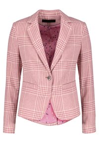 Blazer à carreaux roses avec un design ajusté, fermeture à un bouton, et deux poches à l'avant ; doublé d'un intérieur rose à motifs.