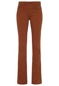 Jeans évasés couleur orange brûlé en denim. Comprennent des poches avant et arrière, une fermeture à bouton, et une texture lisse.
