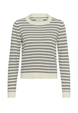 Pulover cu mâneci lungi, crem, cu dungi orizontale înguste bleumarin și manșete și tiv striate.