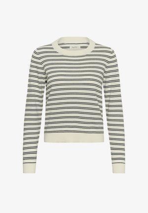 Krēmkrāsas džemperis ar garām piedurknēm, šaurām tumši zilām horizontālām svītrām un ribotu apdari aprocēs un apakšmalā.