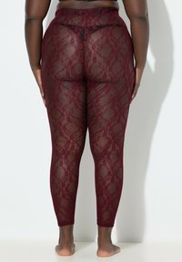 Legginsy z bordowej koronki z kwiatowym wzorem, przezroczysty materiał, wysoki stan i dopasowany krój, o gładkiej fakturze i długości do kostek.