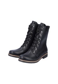 Black leather ankle boots with a smooth texture, round toe, and flat rubber sole. Features metal eyelets and black laces for closure.