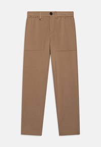 Pantaloni in tessuto elasticizzato marroni con vita elastica, chiusura con bottone frontale, due tasche anteriori e design a gamba dritta.