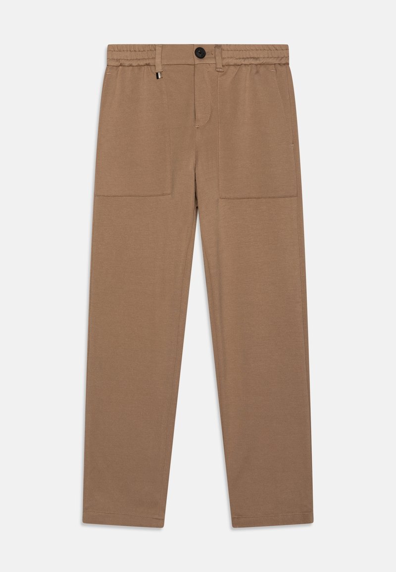 Pantaloni in tessuto elasticizzato marroni con vita elastica, chiusura con bottone frontale, due tasche anteriori e design a gamba dritta.