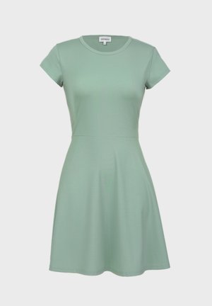 Short-sleeve, light green dress with a fitted bodice and flared skirt, made from soft fabric with a smooth texture and crew neckline.