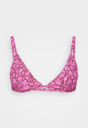 Rosa Blumenbikini-Oberteil mit dreieckigem Design, dünnen Trägern und einem Verschluss vorne. Hat einen dunkelrosa Grundton und ein hellrosa Muster.