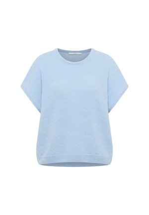 Hellblauer, kurzärmeliger Strickpullover mit rundem Ausschnitt und geripptem Saum, vor weißem Hintergrund gezeigt.