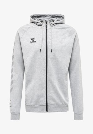Graue Zip-Hoodie aus weichem Stoff. Verfügt über einen schwarzen Reißverschluss, Kordelzüge und ein Logo auf der Brust mit kontrastierenden Ärmeldetails.
