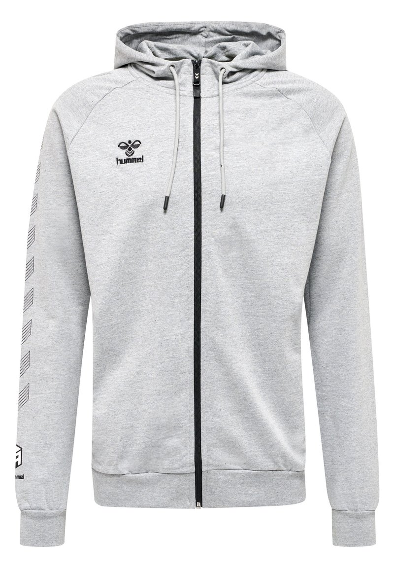 Graue Zip-Hoodie aus weichem Stoff. Verfügt über einen schwarzen Reißverschluss, Kordelzüge und ein Logo auf der Brust mit kontrastierenden Ärmeldetails.