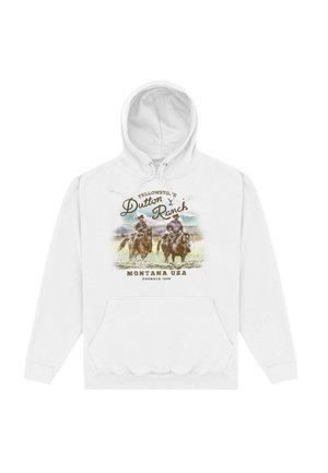 Biała bluza z kapturem z nadrukiem z przodu przedstawiającym dwóch kowbojów na koniach, tekst "Yellowstone Dutton Ranch Montana USA Founded 1886" oraz przednia kieszeń.