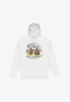 Witte hoodie met een voorkantprint van twee cowboys die op paarden rijden, tekst "Yellowstone Dutton Ranch Montana USA Founded 1886" en een voorzak.