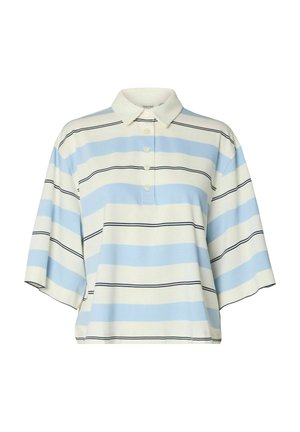 Tricou polo cu mâneci scurte, cu dungi late orizontale bleu deschis, albe și subțiri negre și cu fenta cu nasturi.