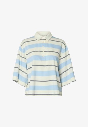 Lühikeste varrukatega polo-särk, millel on laiad helesinised, valged ja õhukesed mustad horisontaalsed triibud ning nööbitav lõhik.