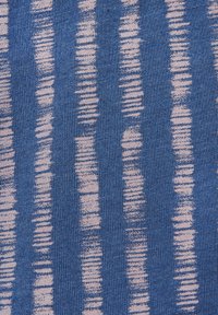 Blue fabric with vertical stripes in soft pink, featuring a textured knit pattern. Stripes vary in width and spacing, adding visual interest.