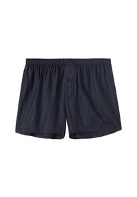 Marinblå simshorts i lättviktig tyg, med elastisk midja, knappdetalj och subtila vertikala ränder.