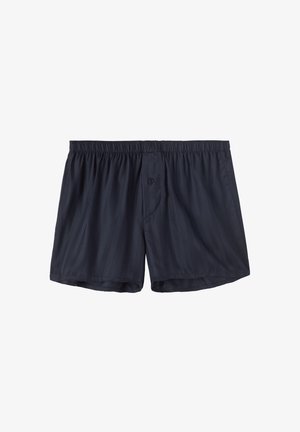 Marineblauwe zwemshorts van lichtgewicht stof, met een elastische tailleband, knoopdetail en subtiele verticale strepen.