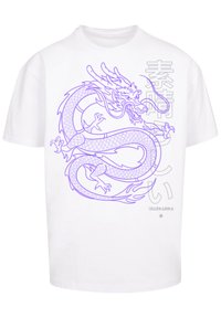 White short-sleeve t-shirt featuring a purple dragon graphic with intricate scales, alongside stylized Japanese text and branding details.