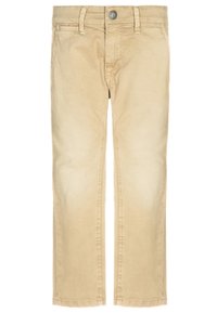 Beżowe bawełniane spodnie o prostym kroju. Posiadają zapięcie na guzik oraz szlufki na pasek. Gładka tekstura i subtelne wyblaknięcie na materiale.