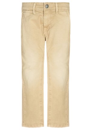 Béžové bavlněné kalhoty s rovnými nohavicemi. Mají zapínání na knoflík a poutka na opasek. Hladká textura a jemné vyblednutí na tkanině.