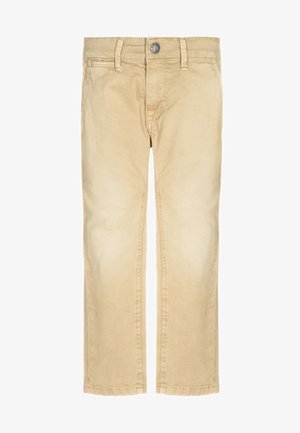 Pantalones de algodón beige con un diseño de pierna recta. Cuentan con un cierre de botón y presillas para el cinturón. Textura suave y desvanecimiento sutil en la tela.