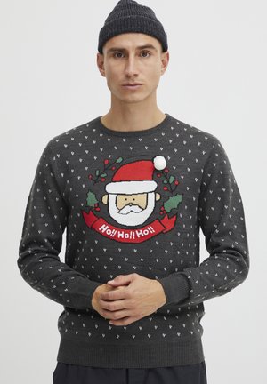 Gray knitted sweater with a Santa graphic, red hat, and "Ho! Ho! Ho!" text. Features white pattern details and ribbed cuffs and hem.