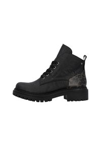 Bottines noires en matériau texturé, avec un design à lacets, une semelle épaisse et un accent en imprimé léopard sur le talon.