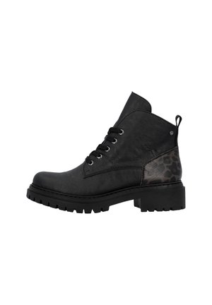 Bottines noires en matériau texturé, avec un design à lacets, une semelle épaisse et un accent en imprimé léopard sur le talon.