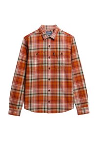 Camisa de cuadros naranja y roja con mangas largas, cuello y dos bolsillos en el pecho. Hecha de una tela suave, presenta un patrón a cuadros con acentos en blanco y verde.