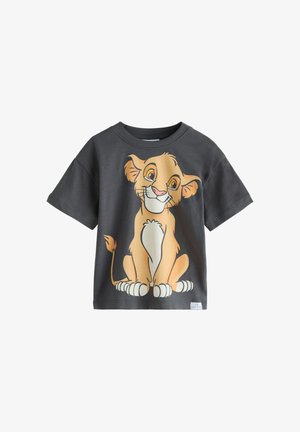 Mørkegrå børne-T-shirt med en stor smilende tegneserie løveunge siddende foran.
