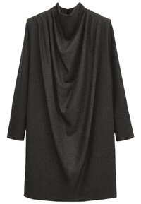 Robe tunique drapée gris foncé avec un col montant et des manches trois-quarts. Texture douce avec une silhouette fluide et un design minimaliste.