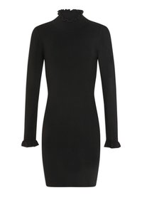 Vestido negro de punto con un cuello alto y volantes, y mangas largas, que presentan puños con volantes al final. Silueta ajustada, textura suave.