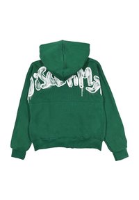 Felpa verde con zip frontale, grande grafica bianca sul retro, polsini elasticizzati e cappuccio con coulisse. Materiale in cotone con finitura testurizzata.