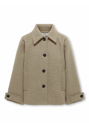 Beige uldt jakke med bred krave, lange ærmer med knapmanchetter, to sidelommer og sorte knapper foran.