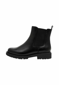 Bottines en cuir noir avec panneaux latéraux élastiques, bout rond et semelle crantée, dotées d'une languette à l'arrière pour un enfilage facile.