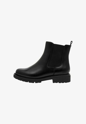 Black leather ankle boots with elastic side panels, round toe, and treaded sole, featuring a pull tab at the back for easy wear.