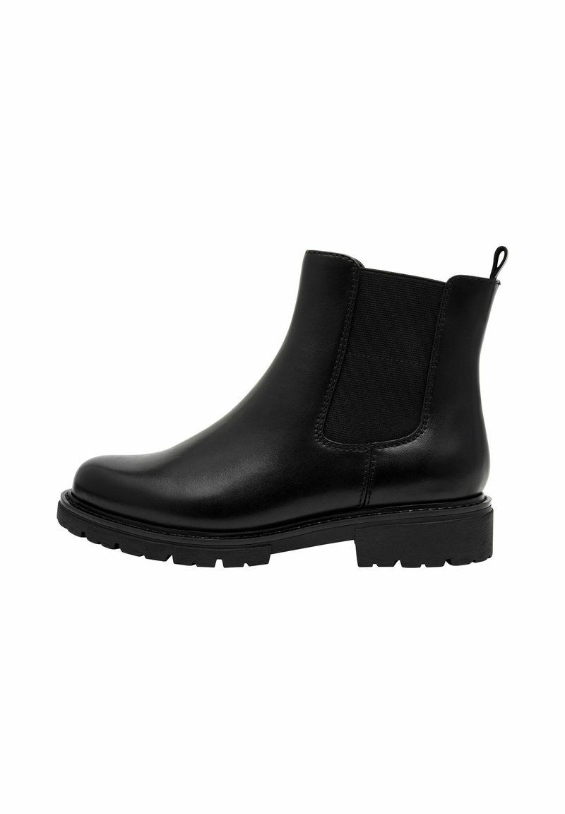 Bottines en cuir noir avec panneaux latéraux élastiques, bout rond et semelle crantée, dotées d'une languette à l'arrière pour un enfilage facile.